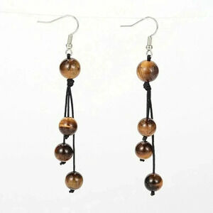 Natural Tiger Eye Brown Gemstone Black Silk Thread Knotted Dangle Earrings